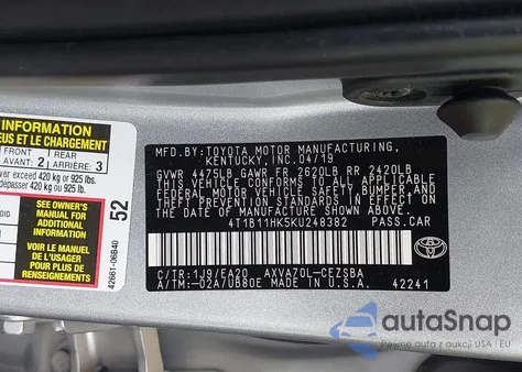 2019 Toyota Camry Se из США, поврежденный, VIN 4T1B11HK5KU248382